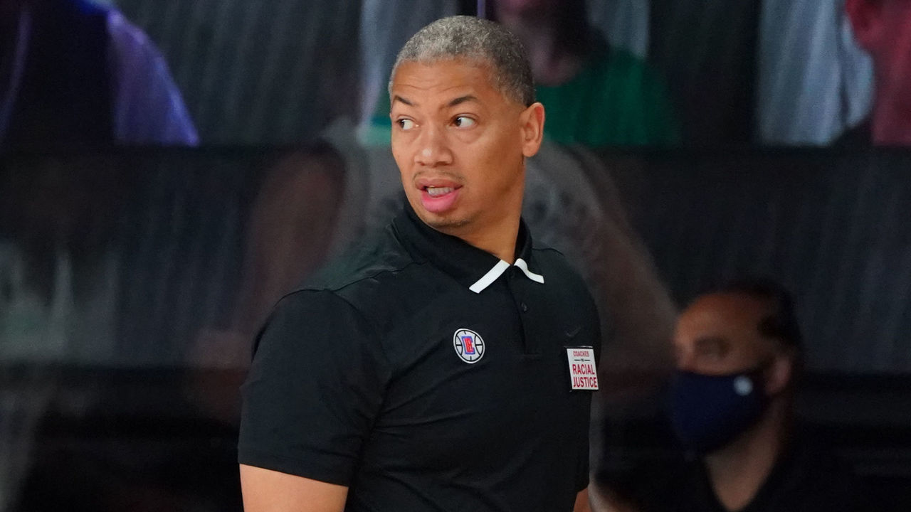 ORLANDO, FL - AUGUST 30: Tyronn Lue of the LA Clippers looks on from the sideline during Round One, Game Six of the NBA Playoffs on August 30, 2020 at the AdventHealth Arena at ESPN Wide World Of Sports Complex in Orlando, Florida. NOTE TO USER: User expressly acknowledges and agrees that, by downloading and/or using this Photograph, user is consenting to the terms and conditions of the Getty Images License Agreement. Mandatory Copyright Notice: Copyright 2020 NBAE