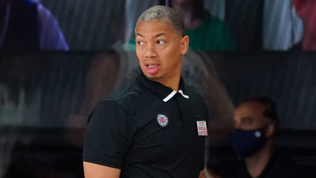 ORLANDO, FL - AUGUST 30: Tyronn Lue of the LA Clippers looks on from the sideline during Round One, Game Six of the NBA Playoffs on August 30, 2020 at the AdventHealth Arena at ESPN Wide World Of Sports Complex in Orlando, Florida. NOTE TO USER: User expressly acknowledges and agrees that, by downloading and/or using this Photograph, user is consenting to the terms and conditions of the Getty Images License Agreement. Mandatory Copyright Notice: Copyright 2020 NBAE