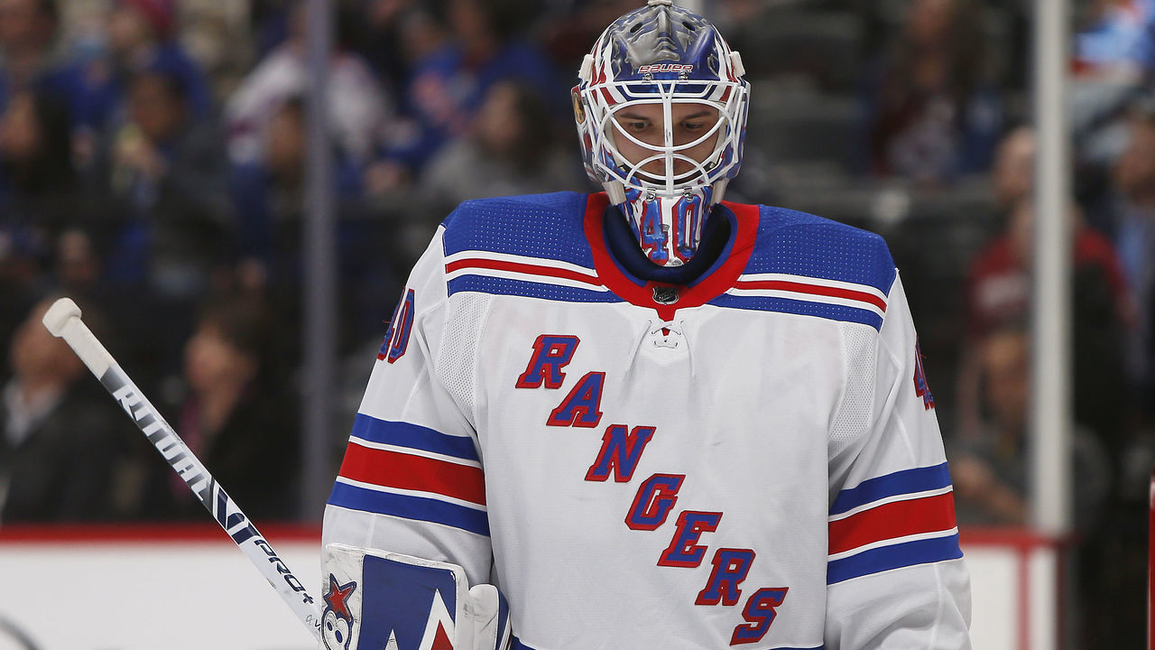 DENVER, CO - MARCH 11: New York Rangers Goalie Alexandar Georgiev (40) during a regular season game between the Colorado Avalanche and the visiting New York Rangers on March 11, 2020 at the Pepsi Center in Denver, CO.
