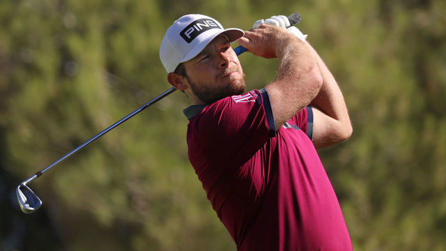 LAS VEGAS, NEVADA - OCTOBER 15: Tyrrell Hatton of England plays his shot from the 13th tee during the first round of The CJ Cup @ Shadow Creek on October 15, 2020 in Las Vegas, Nevada.