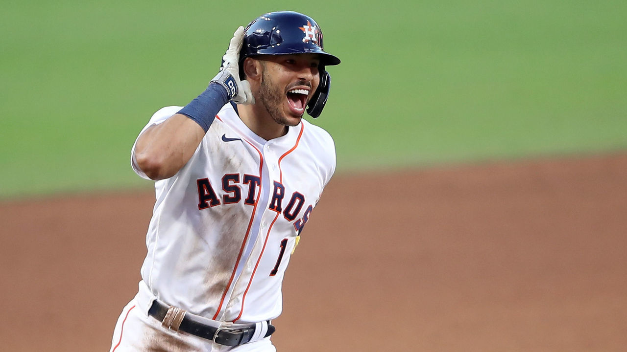 SAN DIEGO, CALIFORNIA - OCTOBER 15: Carlos Correa #1 of the Houston Astros celebrates while rounding the bases after hitting a walk off home run to win 4-3 against Tampa Bay Rays in Game Five of the American League Championship Series at PETCO Park on October 15, 2020 in San Diego, California.