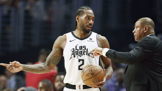 LOS ANGELES, CA - DECEMBER 19: Kawhi Leonard #2 of the LA Clippers talks with Head Coach Doc Rivers of the LA Clippers during the game against the Houston Rockets on December 19, 2019 at STAPLES Center in Los Angeles, California. NOTE TO USER: User expressly acknowledges and agrees that, by downloading and/or using this Photograph, user is consenting to the terms and conditions of the Getty Images License Agreement. Mandatory Copyright Notice: Copyright 2019 NBAE