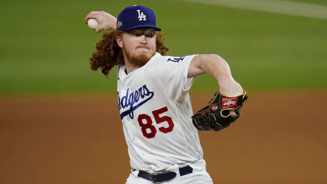 ARLINGTON, TX - OCTOBER 12: Dustin May #85 of the Los Angeles Dodgers pitches during Game 1 of the NLCS between the Atlanta Braves and the Los Angeles Dodgers at Globe Life Field on Monday, October 12, 2020 in Arlington, Texas.