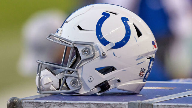CHICAGO, IL - OCTOBER 04: A detail view of an Indianapolis Colts helmet is seen resting on an equipment chest in game action during a NFL game between the Chicago Bears and the Indianapolis Colts on October 4th, 2020, at Soldier Field in Chicago, IL.