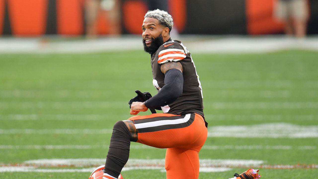 CLEVELAND, OHIO - OCTOBER 11: Wide receiver Odell Beckham Jr. #13 of the Cleveland Browns pauses after making a reception during the second half against the Indianapolis Colts at FirstEnergy Stadium on October 11, 2020 in Cleveland, Ohio. The Browns defeated the Colts 32-23.