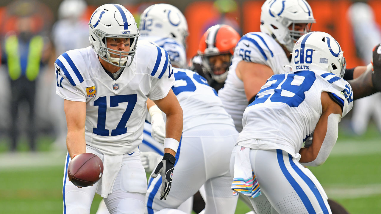 CLEVELAND, OHIO - OCTOBER 11: Quarterback Philip Rivers #17 of the Indianapolis Colts drops back for the hand-off during the first half against the Cleveland Browns at FirstEnergy Stadium on October 11, 2020 in Cleveland, Ohio. The Browns defeated the Colts 32-23.