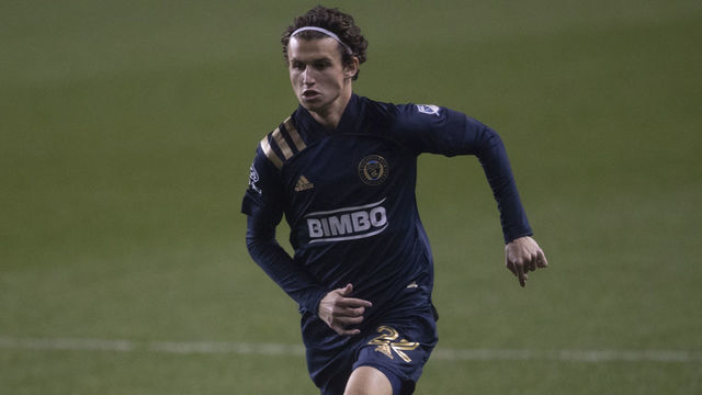 CHESTER, PA - OCTOBER 11: Brenden Aaronson #22 of Philadelphia Union in action against the Montreal Impact at Subaru Park on October 11, 2020 in Chester, Pennsylvania. The Philadelphia Union defeated the Montreal Impact 2-1.
