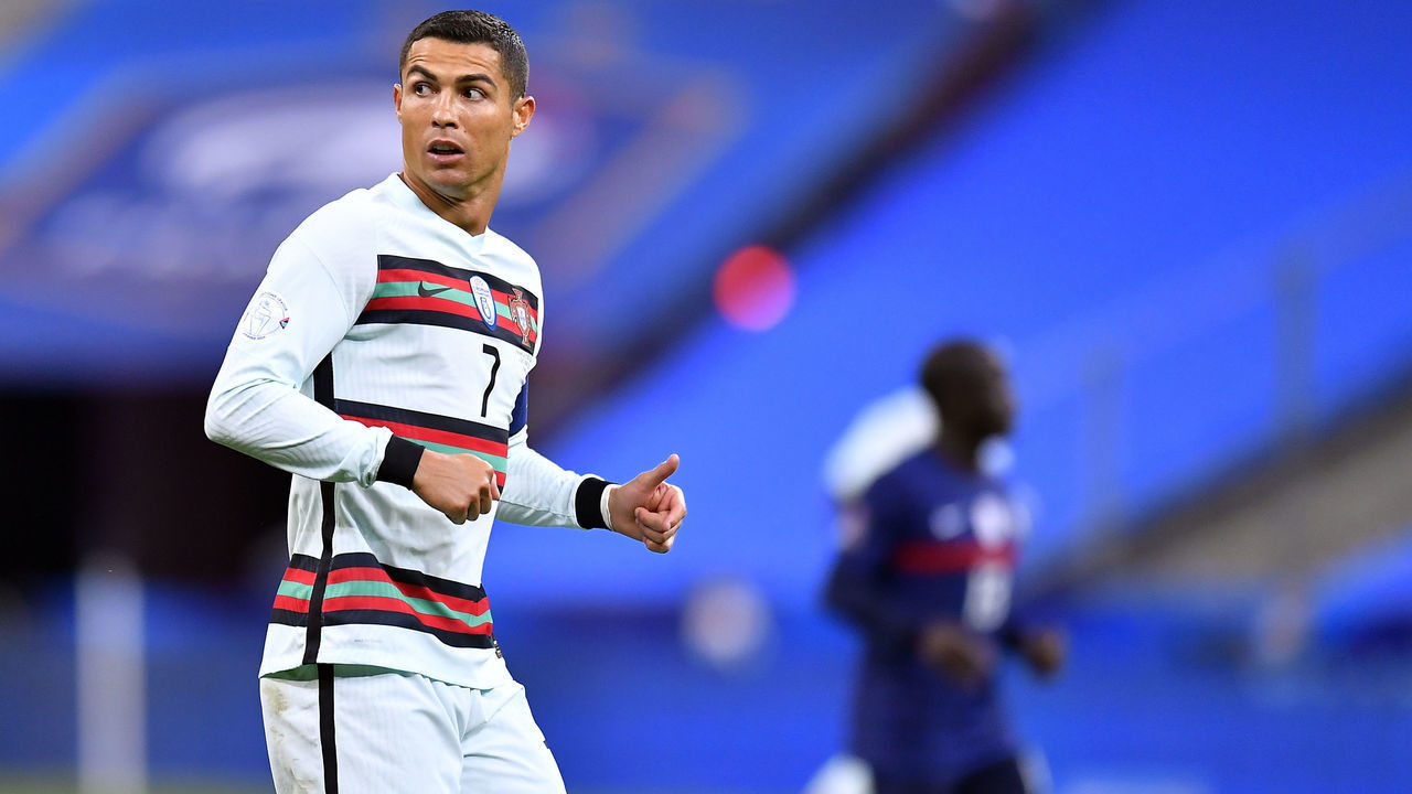 PARIS, FRANCE - OCTOBER 11: Cristiano Ronaldo of Portugal looks on during the UEFA Nations League group stage match between France and Portugal at Stade de France on October 11, 2020 in Paris, France.