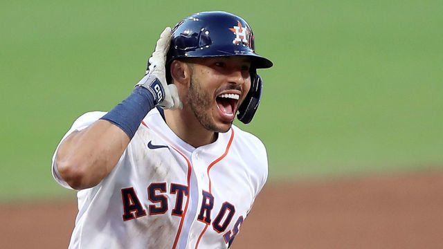 SAN DIEGO, CALIFORNIA - OCTOBER 15: Carlos Correa #1 of the Houston Astros celebrates while rounding the bases after hitting a walk off home run to win 4-3 against Tampa Bay Rays in Game Five of the American League Championship Series at PETCO Park on October 15, 2020 in San Diego, California.