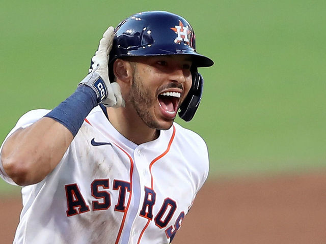 SAN DIEGO, CALIFORNIA - OCTOBER 15: Carlos Correa #1 of the Houston Astros celebrates while rounding the bases after hitting a walk off home run to win 4-3 against Tampa Bay Rays in Game Five of the American League Championship Series at PETCO Park on October 15, 2020 in San Diego, California.