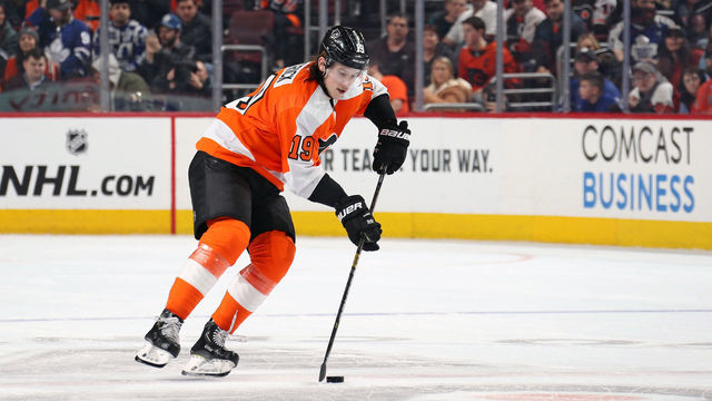 PHILADELPHIA, PA - MARCH 27: Nolan Patrick #19 of the Philadelphia Flyers skates the puck in for a shot on goal during the shootout against the Toronto Maple Leafs on March 27, 2019 at the Wells Fargo Center in Philadelphia, Pennsylvania.