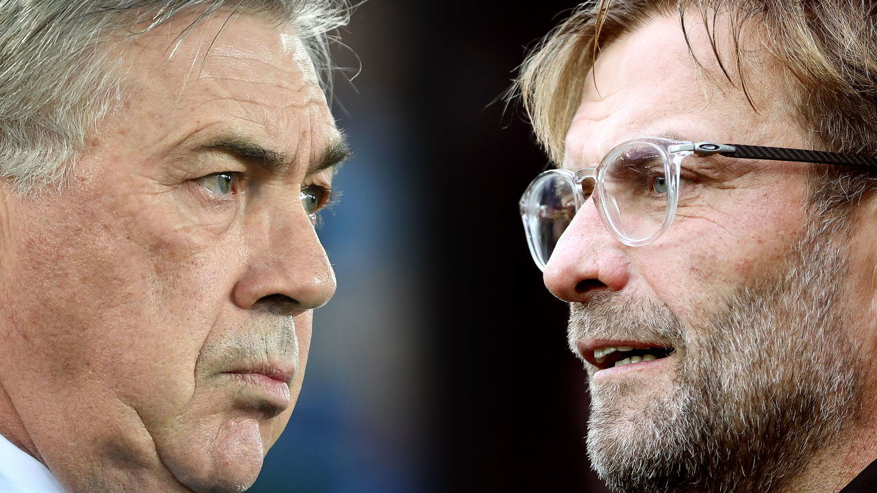 FILE PHOTO (EDITORS NOTE: COMPOSITE OF IMAGES - Image numbers 1201010205, 856402376 - GRADIENT ADDED) In this composite image a comparison has been made between Carlo Ancelotti, Manager of Everton (L) and Liverpool manager Jurgen Klopp. Everton and Liverpool meet in a Premier League fixture on October 17,2020 at Goodison Park in Liverpool, England. ***LEFT IMAGE*** LIVERPOOL, ENGLAND - JANUARY 21: Carlo Ancelotti, Manager of Everton looks on prior to the Premier League match between Everton FC and Newcastle United at Goodison Park on January 21, 2020 in Liverpool, United Kingdom.