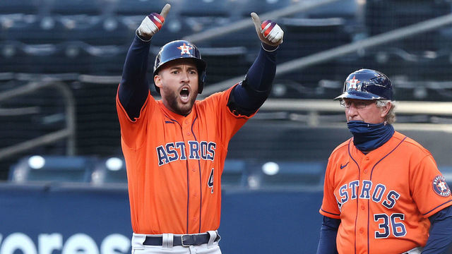 SAN DIEGO, CALIFORNIA - OCTOBER 16: George Springer #4 of the Houston Astros celebrates a two run single against the Tampa Bay Rays during the fifth inning in Game Six of the American League Championship Series at PETCO Park on October 16, 2020 in San Diego, California.