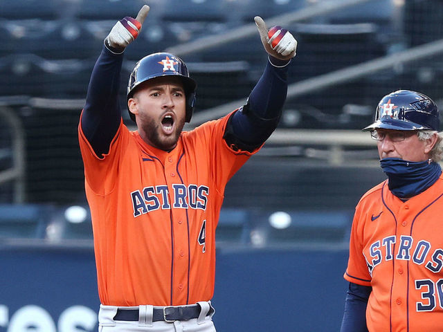 SAN DIEGO, CALIFORNIA - OCTOBER 16: George Springer #4 of the Houston Astros celebrates a two run single against the Tampa Bay Rays during the fifth inning in Game Six of the American League Championship Series at PETCO Park on October 16, 2020 in San Diego, California.