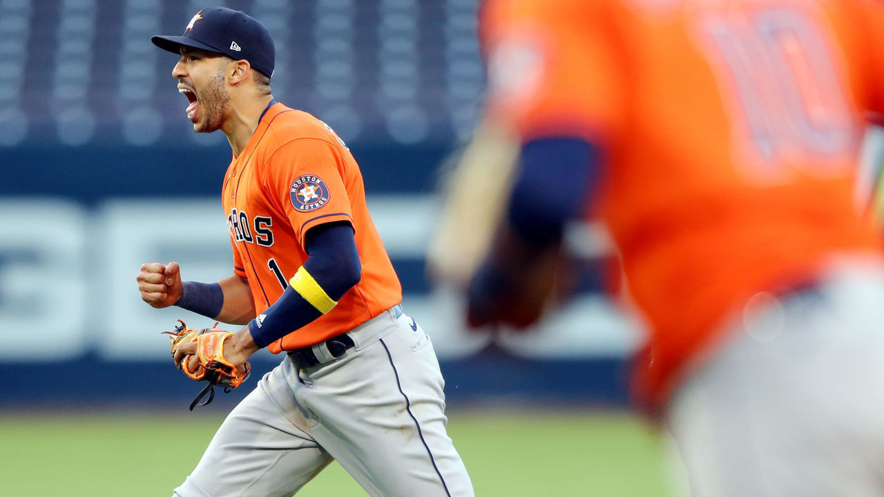SAN DIEGO, CA - OCTOBER 16: Carlos Correa #1 of the Houston Astros reacts to turning a double play to end the bottom of the sixth inning during Game 6 of the ALCS between the Tampa Bay Rays and the Houston Astros at Petco Park on Friday, October 16, 2020 in San Diego, California.