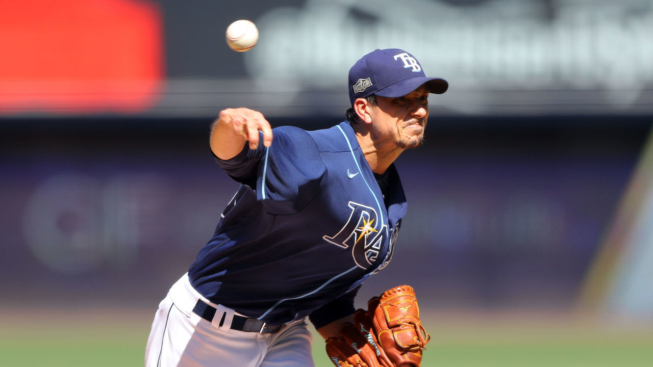 SAN DIEGO, CA - OCTOBER 12: Charlie Morton #50 of the Tampa Bay Rays pitches in the first inning during Game 2 of the ALCS between the Tampa Bay Rays and the Houston Astros at Petco Park on Monday, October 12, 2020 in San Diego, California.