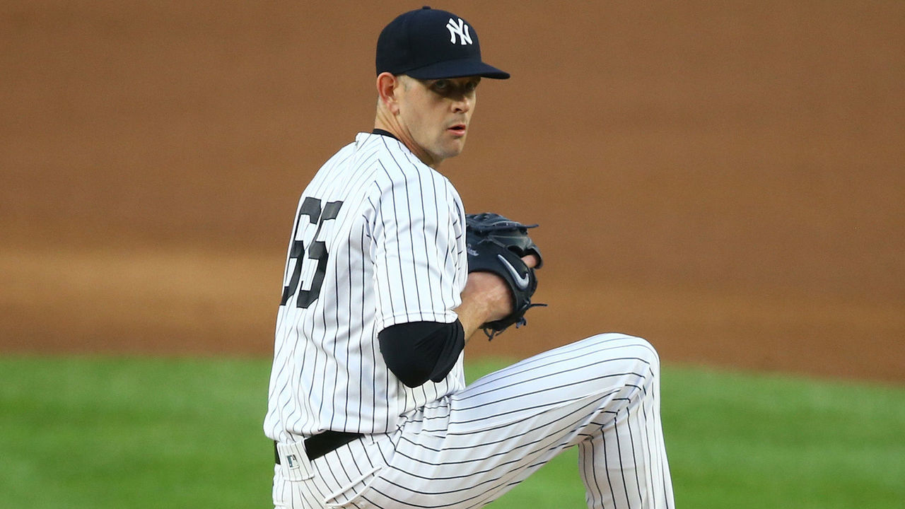 NEW YORK, NEW YORK - AUGUST 15: James Paxton #65 of the New York Yankees in action against the Boston Red Sox at Yankee Stadium on August 15, 2020 in New York City. New York Yankees defeated the Boston Red Sox 11-5.