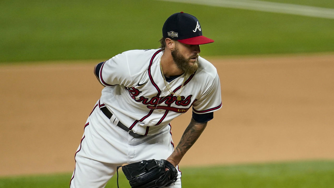 ARLINGTON, TX - OCTOBER 16: Shane Greene #19 of the Atlanta Braves pitches during Game 5 of the NLCS between the Atlanta Braves and the Los Angeles Dodgers at Globe Life Field on Friday, October 16, 2020 in Arlington, Texas.