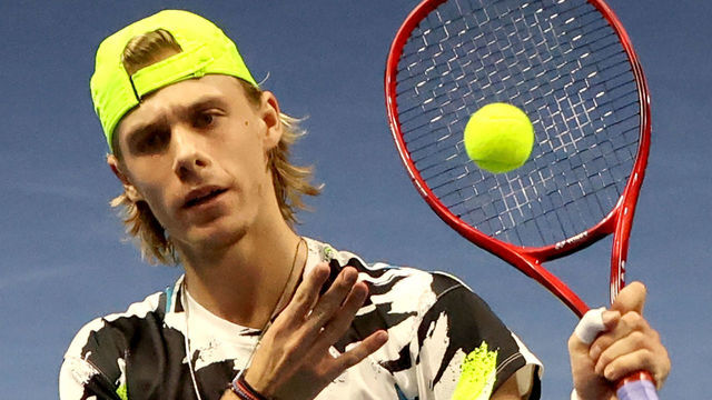 ST PETERSBURG, RUSSIA - OCTOBER 17, 2020: Canada's Denis Shapovalov returns the ball in a semifinal match against Russia's Andrey Rublev at the St Petersburg Open 2020 international tournament held at Sibur Arena. Alexander Demianchuk/TASS