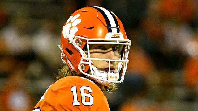 CLEMSON, SC - OCTOBER 03: Clemson Tigers quarterback Trevor Lawrence (16) gives the thumbs up to his line in the game between the Clemson Tigers and the Virginia Cavaliers on October 03, 2020 at Memorial Stadium in Clemson, South Carolina.