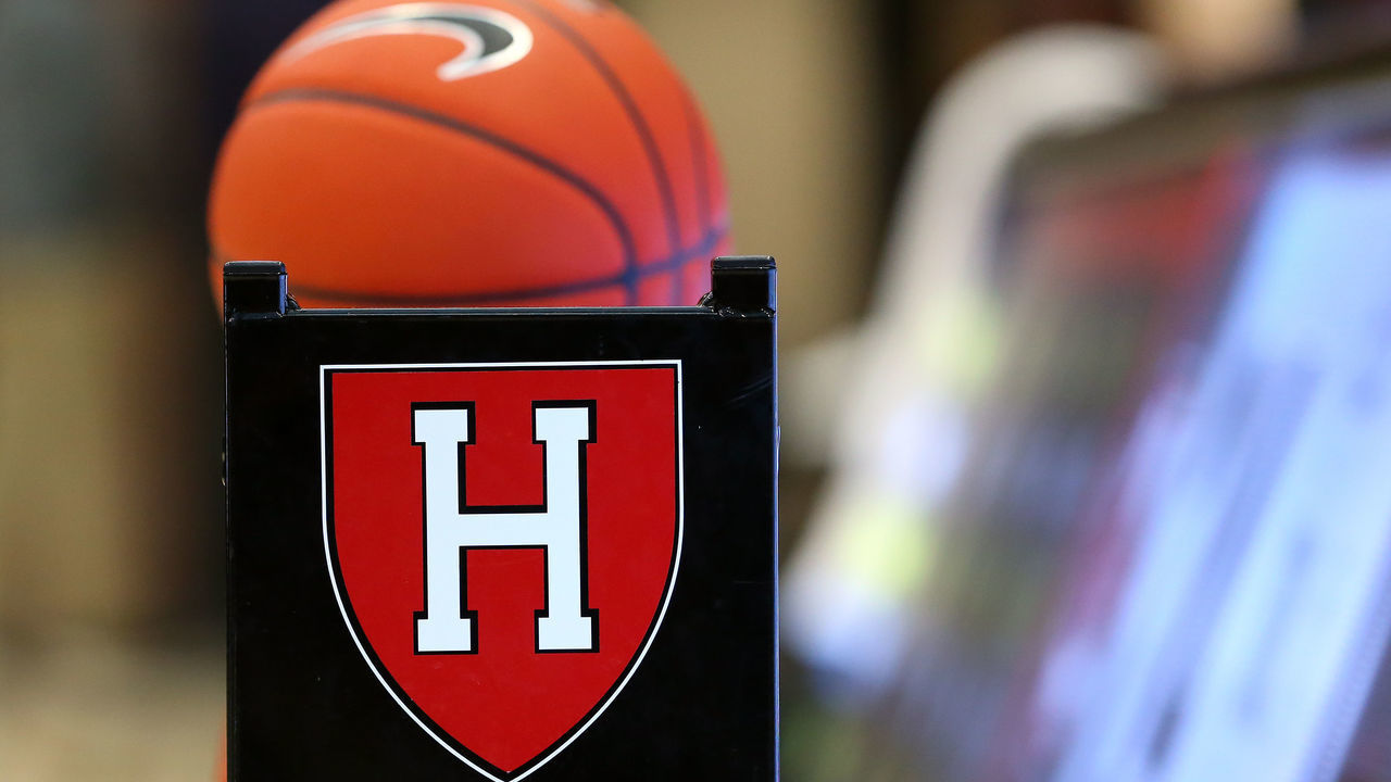 ALLSTON, MA - DECEMBER 07: General view of the Harvard Crimson logo on a ball racket during a college basketball game between UMass Minutemen and Harvard Crimson on December 7, 2019, at Lavietes Pavilion in Allston, MA.