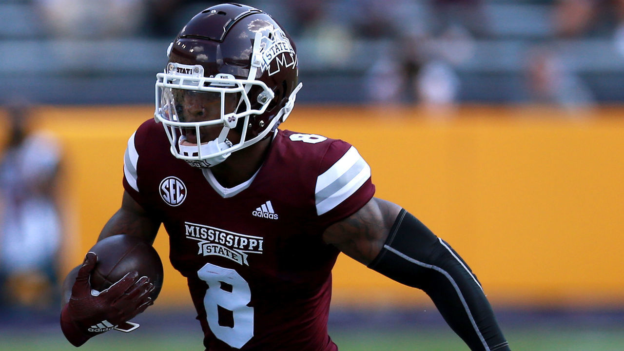 BATON ROUGE, LOUISIANA - SEPTEMBER 26: Kylin Hill #8 of the Mississippi State Bulldogs in action during a NCAA football game against the LSU Tigers at Tiger Stadium on September 26, 2020 in Baton Rouge, Louisiana.