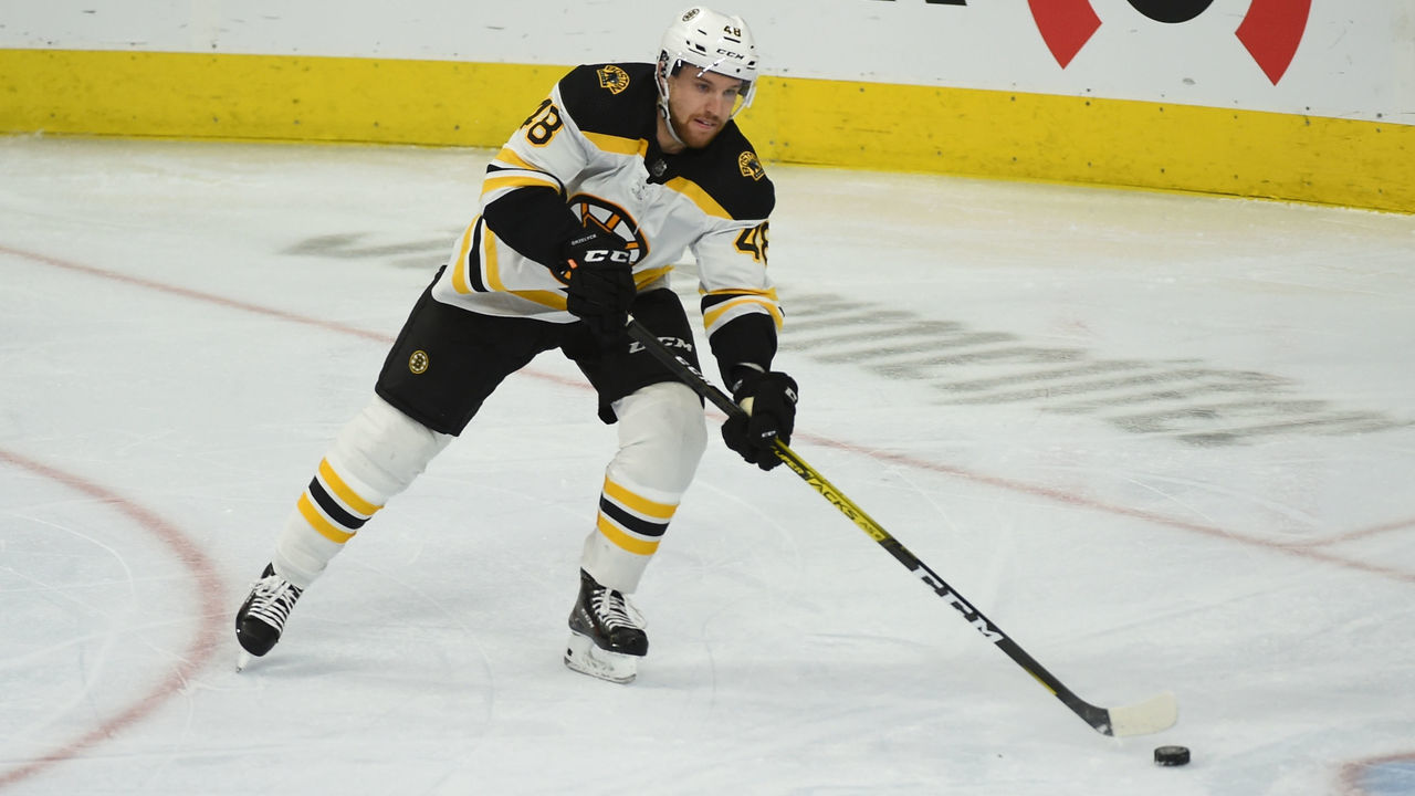 PHILADELPHIA, PA - JANUARY 13: Boston Bruins Defenceman Matt Grzelcyk (48) skates with the puck during the game between the Boston Bruins and the Philadelphia Flyers on January 13, 2020, at the Wells Fargo Center in Philadelphia, PA.