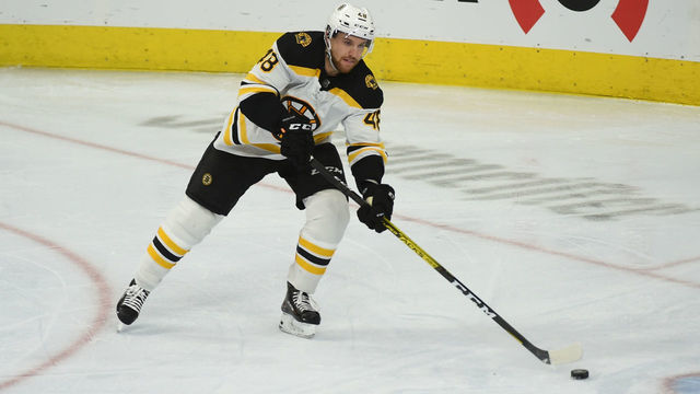 PHILADELPHIA, PA - JANUARY 13: Boston Bruins Defenceman Matt Grzelcyk (48) skates with the puck during the game between the Boston Bruins and the Philadelphia Flyers on January 13, 2020, at the Wells Fargo Center in Philadelphia, PA.