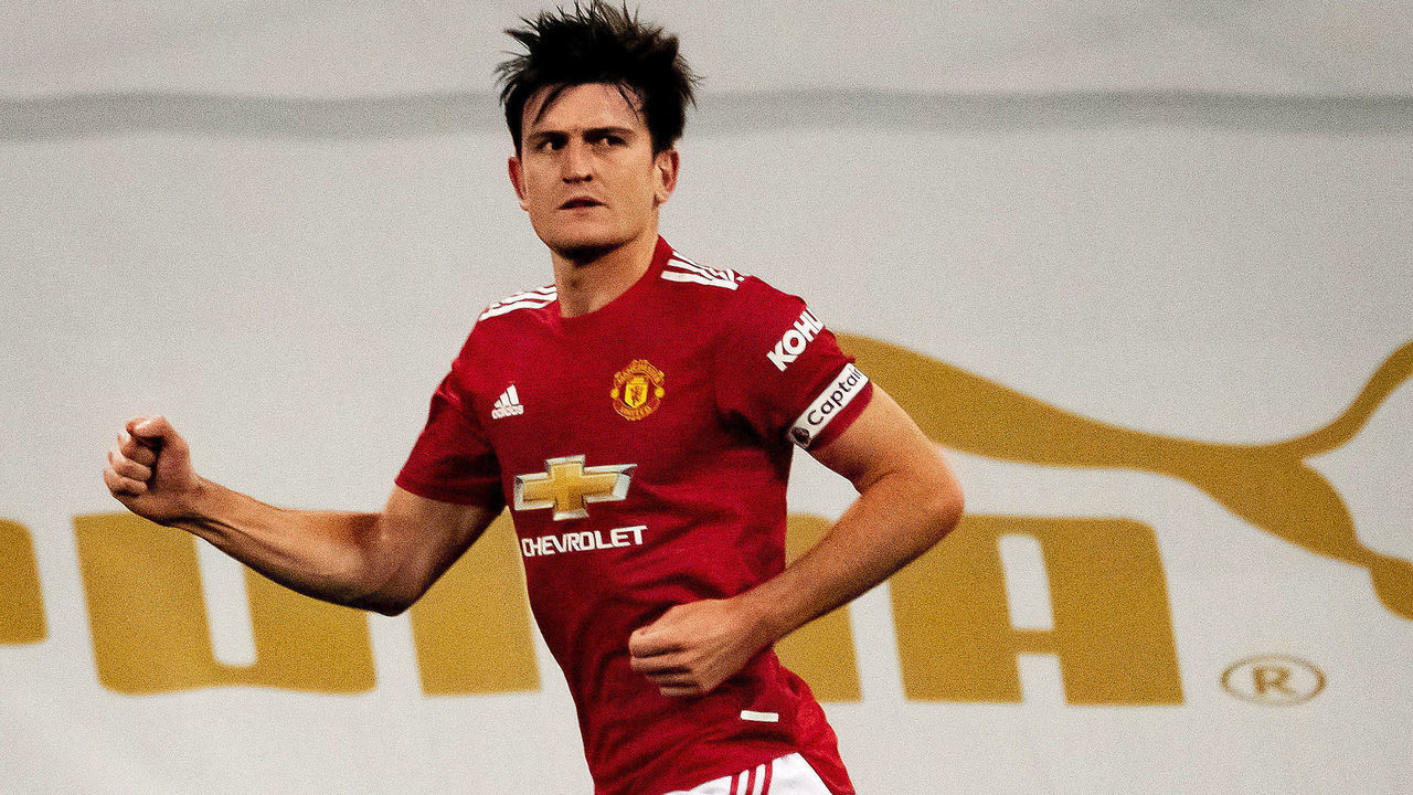 NEWCASTLE UPON TYNE, ENGLAND - OCTOBER 17: Harry Maguire of Manchester United celebrates scoring a goal to make the score 1-1 during the Premier League match between Newcastle United and Manchester United at St. James Park on October 17, 2020 in Newcastle upon Tyne, United Kingdom. Sporting stadiums around the UK remain under strict restrictions due to the Coronavirus Pandemic as Government social distancing laws prohibit fans inside venues resulting in games being played behind closed doors.