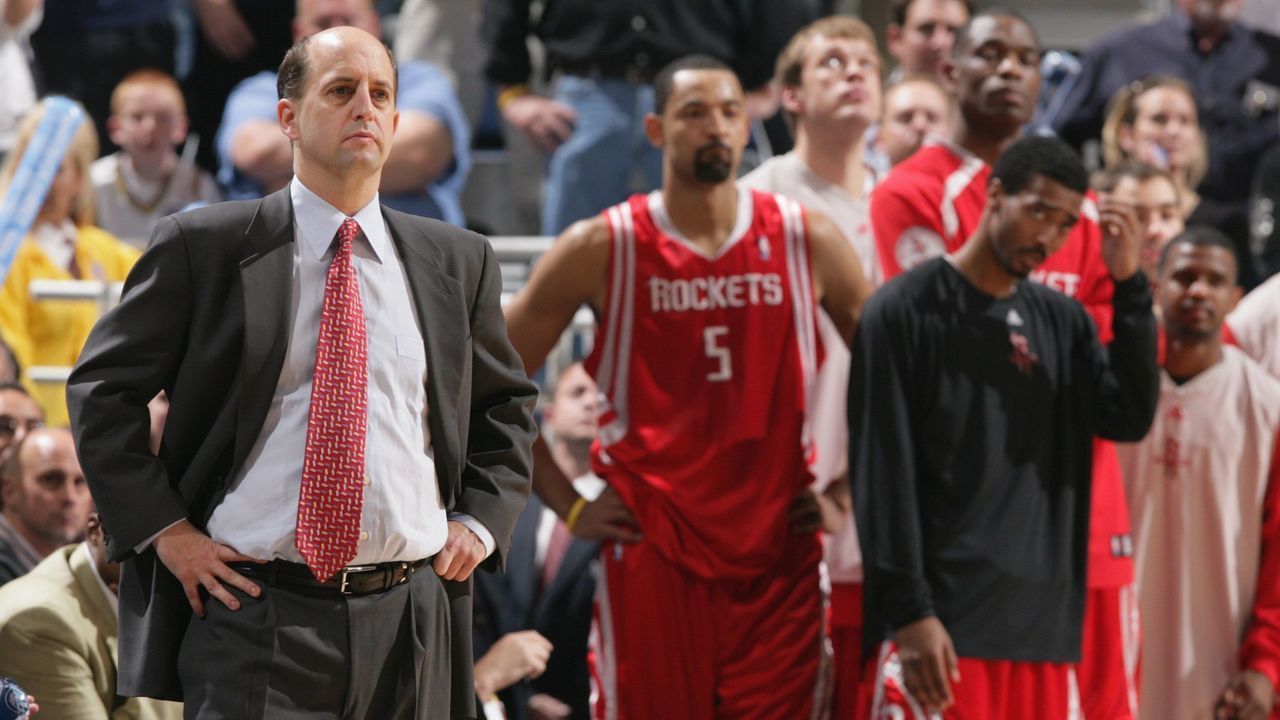 SALT LAKE CITY - MAY 3: Head coach Jeff Van Gundy of the Houston Rockets looks on in Game Six of the Western Conference Quarterfinals during the 2007 NBA Playoffs against the Utah Jazz at EnergySolutions Arena on May 3, 2007 in Salt Lake City, Utah. The Jazz won 94-82. NOTE TO USER: User expressly acknowledges and agrees that, by downloading and/or using this Photograph, user is consenting to the terms and conditions of the Getty Images License Agreement. Mandatory Copyright Notice: Copyright 2007 NBAE