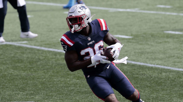 FOXBOROUGH, MA - SEPTEMBER 27: New England Patriots running back Sony Michel (26) turns up field before a game between the New England Patriots and the Las Vegas Raiders on September 27, 2020, at Gillette Stadium in Foxborough, Massachusetts.