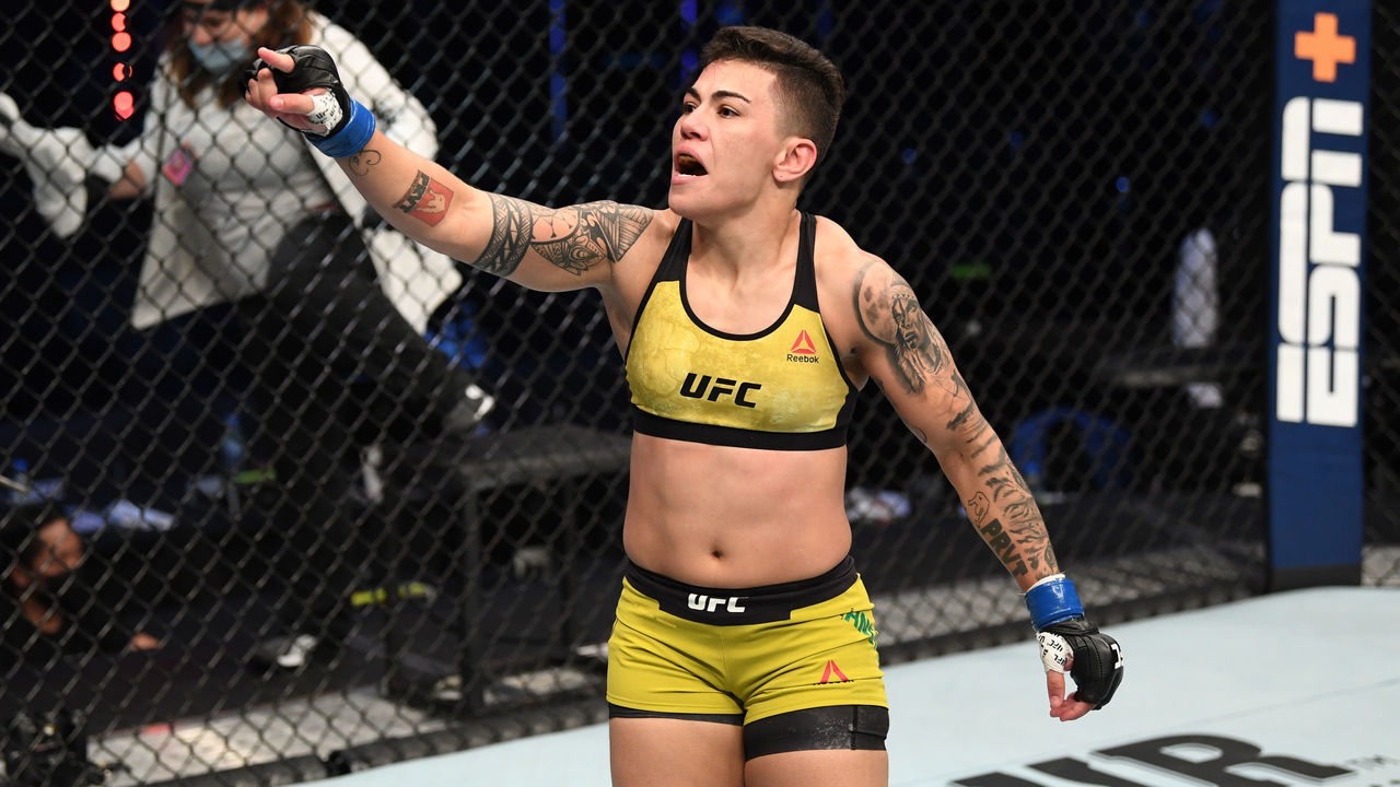 ABU DHABI, UNITED ARAB EMIRATES - OCTOBER 18: Jessica Andrade of Brazil celebrates her TKO victory over Katlyn Chookagian in their women's flyweight bout during the UFC Fight Night event inside Flash Forum on UFC Fight Island on October 18, 2020 in Abu Dhabi, United Arab Emirates.