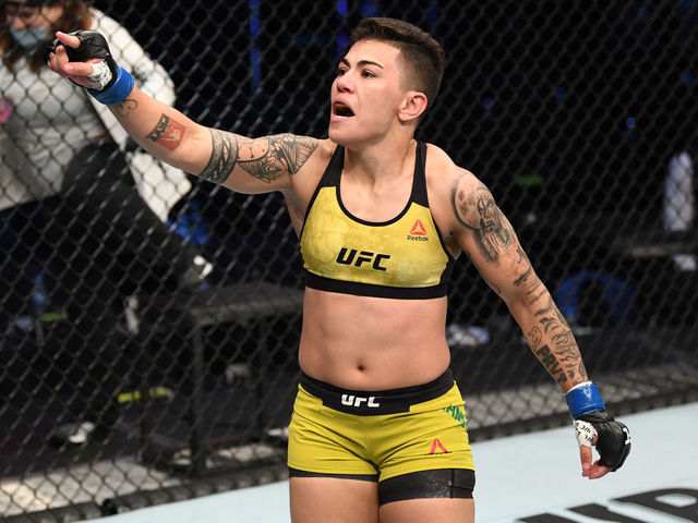 ABU DHABI, UNITED ARAB EMIRATES - OCTOBER 18: Jessica Andrade of Brazil celebrates her TKO victory over Katlyn Chookagian in their women's flyweight bout during the UFC Fight Night event inside Flash Forum on UFC Fight Island on October 18, 2020 in Abu Dhabi, United Arab Emirates.