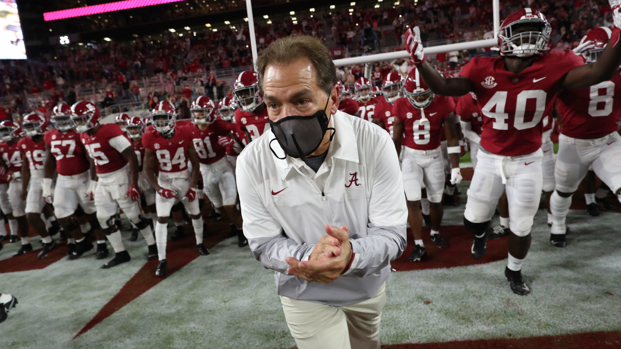 TUSCALOOSA, AL - OCTOBER 17: Nick Saban, Head Coach of the Alabama Crimson Tide, leads his team onto the field to face the Georgia Bulldogs at Bryant-Denny Stadium on October 17, 2020 in Tuscaloosa, Alabama.