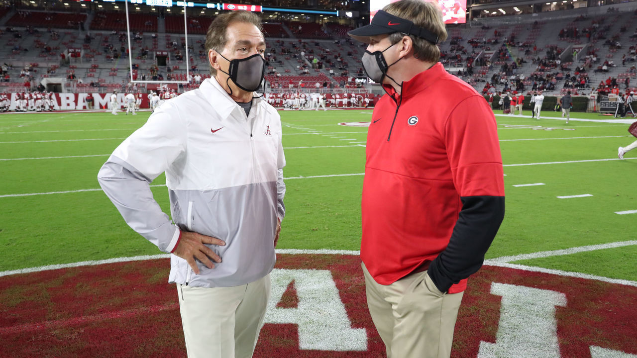 TUSCALOOSA, AL - OCTOBER 17: Head Coach Nick Saban of the Alabama Crimson Tide meets Head Coach Kirby Smart of the Georgia Bulldogs on the field at Bryant-Denny Stadium on October 17, 2020 in Tuscaloosa, Alabama.