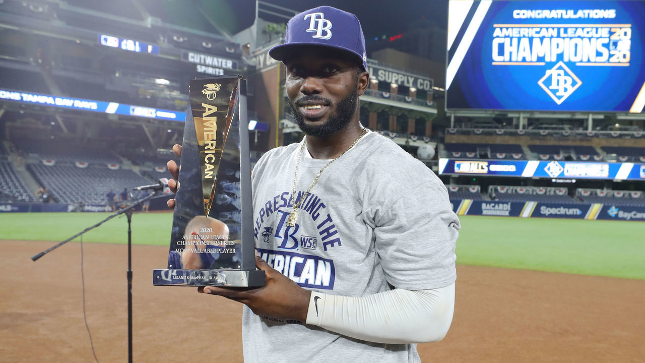 SAN DIEGO, CA - OCTOBER 17: Randy Arozarena #56 of the Tampa Bay Rays poses for a photo with the 2020 ALCS MVP Award during the trophy presentation after the Tampa Bay Rays win Game 7 of the ALCS 4-2 against the Houston Astros at Petco Park on Saturday, October 17, 2020 in San Diego, California.