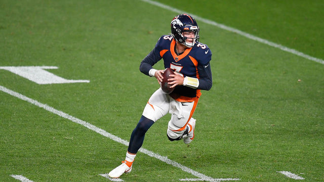 DENVER, CO - SEPTEMBER 14: Drew Lock #3 of the Denver Broncos rolls out of the pocket in the first quarter of a game against the Tennessee Titans at Empower Field at Mile High on September 14, 2020 in Denver, Colorado.