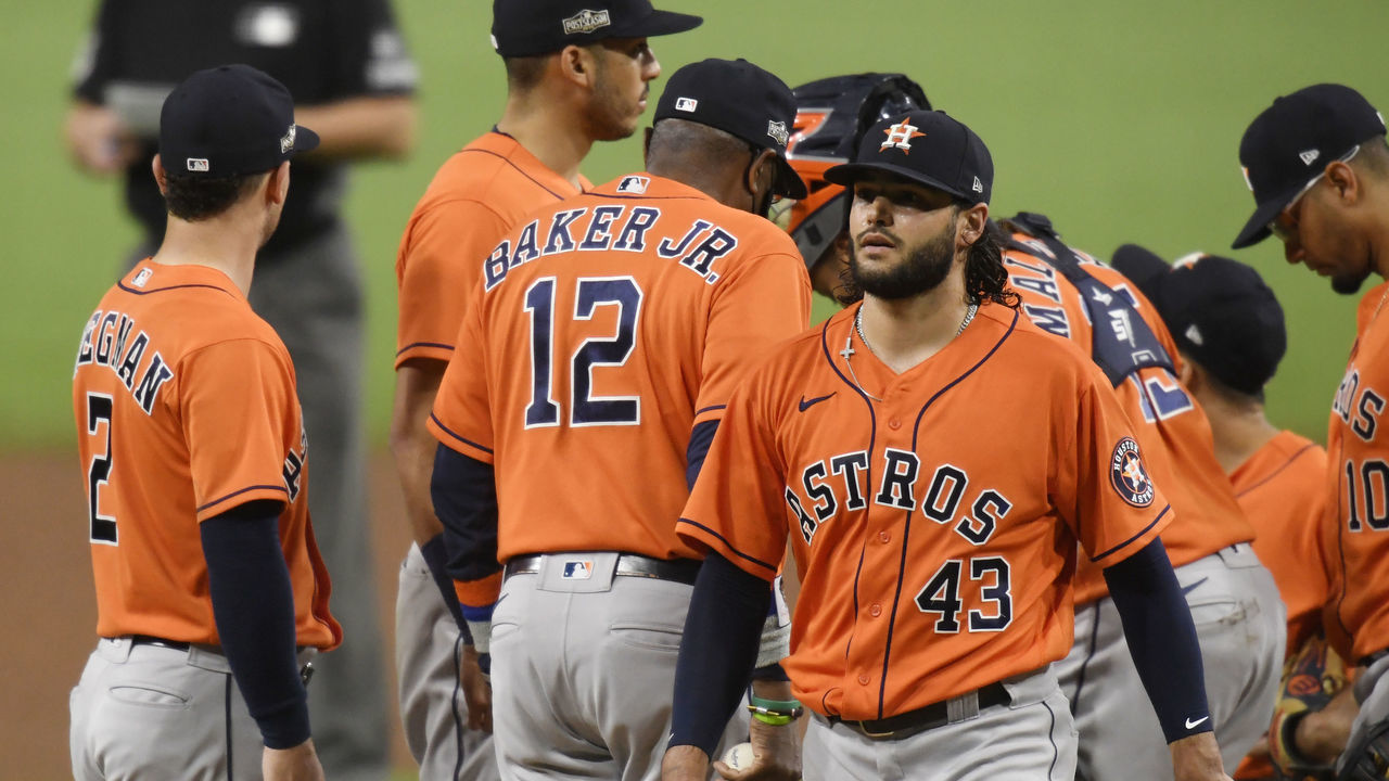 SAN DIEGO, CALIFORNIA - OCTOBER 17: Lance McCullers Jr. #43 of the Houston Astros walks to the dugout after being pulled by manager Dusty Baker Jr. #12 during the fourth inning against the Tampa Bay Rays in Game Seven of the American League Championship Series at PETCO Park on October 17, 2020 in San Diego, California.