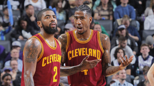 SACRAMENTO, CA - JANUARY 13: Kyrie Irving #2 and Iman Shumpert #4 of the Cleveland Cavaliers talk during the game against the Sacramento Kings on January 13, 2017 at Golden 1 Center in Sacramento, California. NOTE TO USER: User expressly acknowledges and agrees that, by downloading and or using this photograph, User is consenting to the terms and conditions of the Getty Images Agreement. Mandatory Copyright Notice: Copyright 2017 NBAE