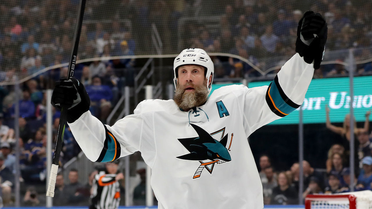 ST LOUIS, MISSOURI - MAY 15: Joe Thornton #19 of the San Jose Sharks celebrates after scoring a goal on Jordan Binnington #50 of the St. Louis Blues during the first period in Game Three of the Western Conference Finals during the 2019 NHL Stanley Cup Playoffs at Enterprise Center on May 15, 2019 in St Louis, Missouri.