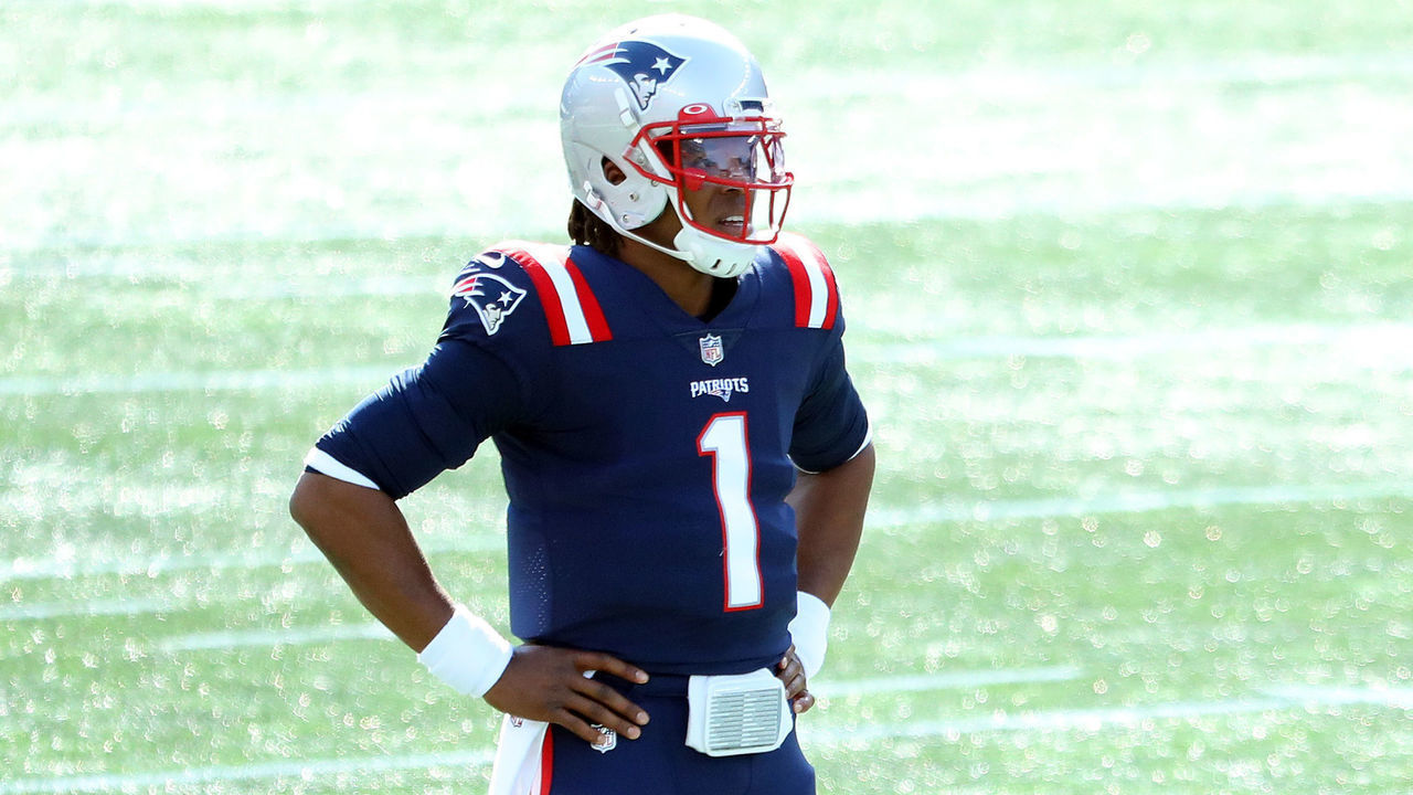 FOXBOROUGH, MASSACHUSETTS - OCTOBER 18: Cam Newton #1 of the New England Patriots reacts against the Denver Broncos during the first half at Gillette Stadium on October 18, 2020 in Foxborough, Massachusetts.