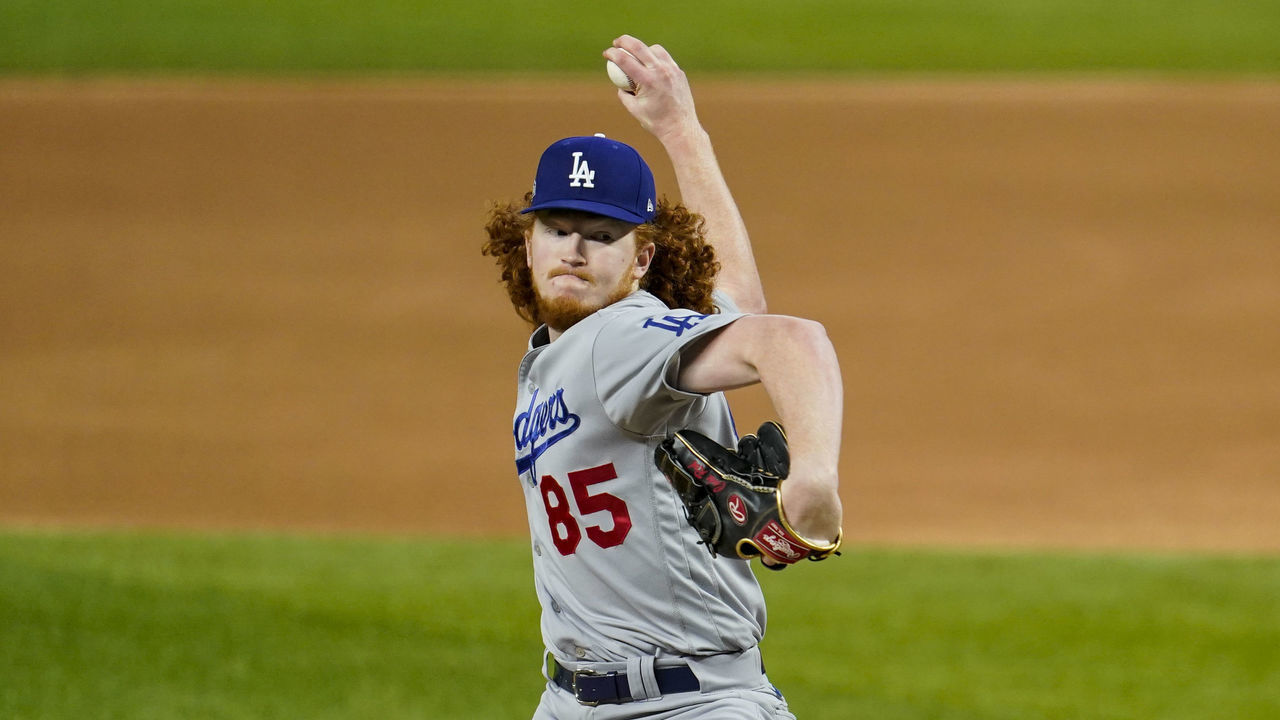 ARLINGTON, TX - OCTOBER 16: Dustin May #85 of the Los Angeles Dodgers pitches in the first inning during Game 5 of the NLCS between the Atlanta Braves and the Los Angeles Dodgers at Globe Life Field on Friday, October 16, 2020 in Arlington, Texas.