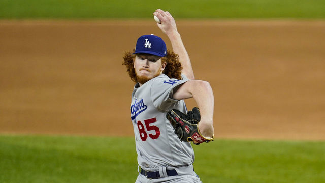 ARLINGTON, TX - OCTOBER 16: Dustin May #85 of the Los Angeles Dodgers pitches in the first inning during Game 5 of the NLCS between the Atlanta Braves and the Los Angeles Dodgers at Globe Life Field on Friday, October 16, 2020 in Arlington, Texas.