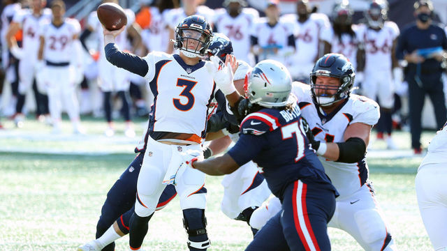 FOXBOROUGH, MASSACHUSETTS - OCTOBER 18: Drew Lock #3 of the Denver Broncos attempts a pass against the New England Patriots during the second half at Gillette Stadium on October 18, 2020 in Foxborough, Massachusetts.