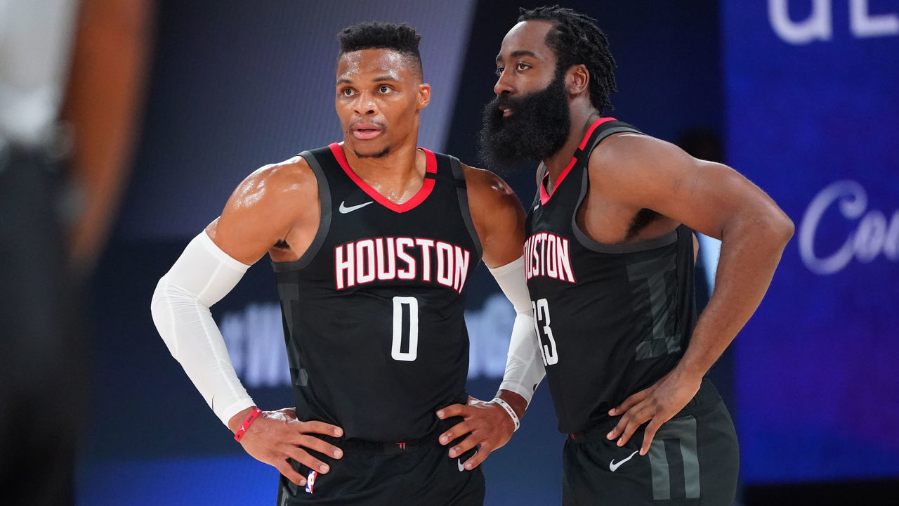 ORLANDO, FL - SEPTEMBER 8: Russell Westbrook #0 of the Houston Rockets and James Harden #13 of the Houston Rockets talk during a game against the Los Angeles Lakers during Round Two, Game Three of the Western Conference Semifinals on September 8, 2020 at the AdventHealth Arena at ESPN Wide World Of Sports Complex in Orlando, Florida. NOTE TO USER: User expressly acknowledges and agrees that, by downloading and/or using this Photograph, user is consenting to the terms and conditions of the Getty Images License Agreement. Mandatory Copyright Notice: Copyright 2020 NBAE