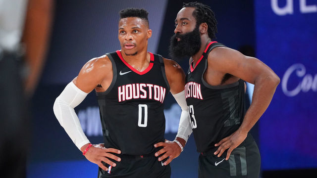 ORLANDO, FL - SEPTEMBER 8: Russell Westbrook #0 of the Houston Rockets and James Harden #13 of the Houston Rockets talk during a game against the Los Angeles Lakers during Round Two, Game Three of the Western Conference Semifinals on September 8, 2020 at the AdventHealth Arena at ESPN Wide World Of Sports Complex in Orlando, Florida. NOTE TO USER: User expressly acknowledges and agrees that, by downloading and/or using this Photograph, user is consenting to the terms and conditions of the Getty Images License Agreement. Mandatory Copyright Notice: Copyright 2020 NBAE