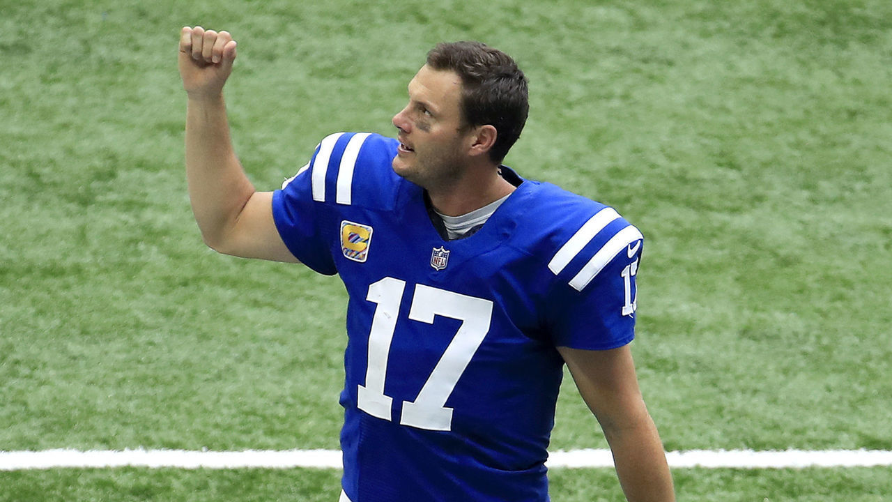 INDIANAPOLIS, INDIANA - OCTOBER 18: Philip Rivers #17 of the Indianapolis Colts celebrates his teams 31-27 victory against the Cincinnati Bengals during the second half at Lucas Oil Stadium on October 18, 2020 in Indianapolis, Indiana.