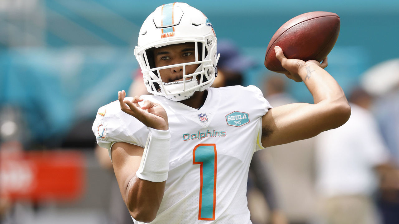 MIAMI GARDENS, FLORIDA - OCTOBER 04: Tua Tagovailoa #1 of the Miami Dolphins warms up prior to the game against the Seattle Seahawks at Hard Rock Stadium on October 04, 2020 in Miami Gardens, Florida.