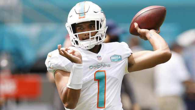 MIAMI GARDENS, FLORIDA - OCTOBER 04: Tua Tagovailoa #1 of the Miami Dolphins warms up prior to the game against the Seattle Seahawks at Hard Rock Stadium on October 04, 2020 in Miami Gardens, Florida.
