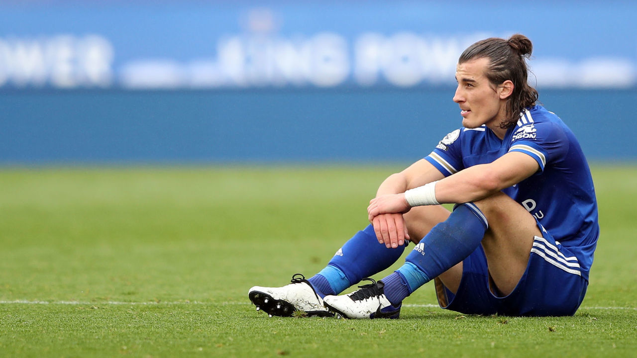 Leicester City's Turkish defender Caglar Soyuncu reacs after the English Premier League football match between Leicester City and West Ham United at the King Power Stadium in Leicester, central England on October 4, 2020.